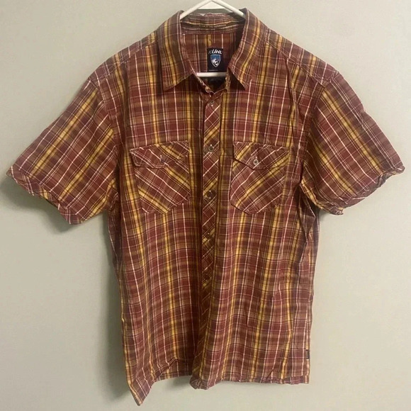 Kuhl Men's Suncel Cotton/Tencel Short Sleeve Plaid Shirt Maroon Yellow Large - Picture 1 of 7